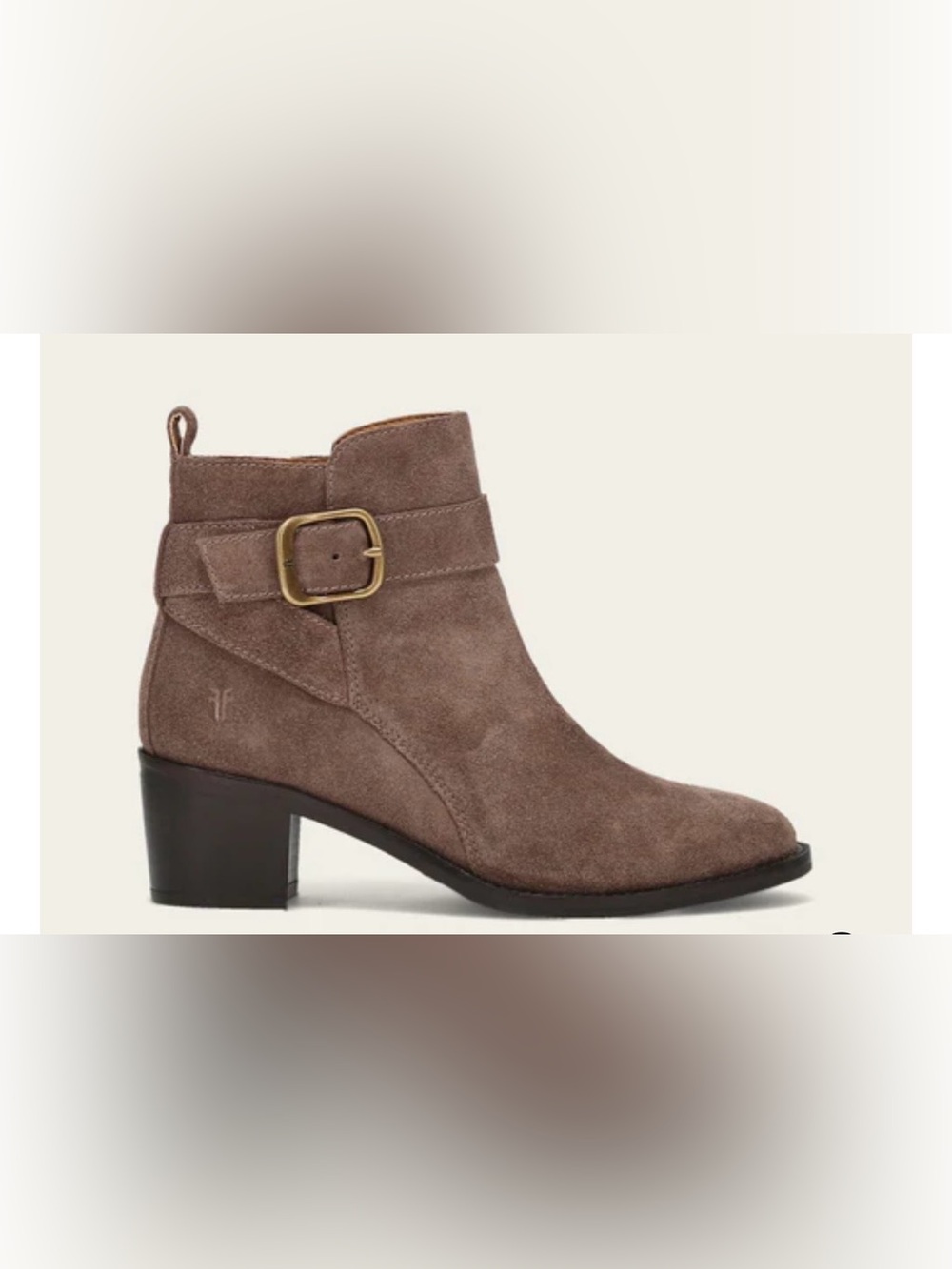 Frye Taupe Suede Ankle Bootie with Brass Buckle